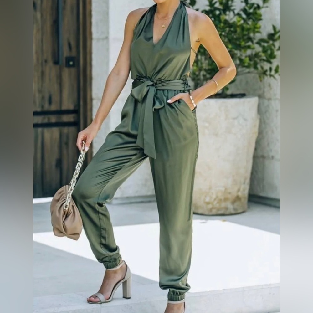 NWT Satin Pocketed Halter Jumpsuit by Skylar Rose Vici Collection